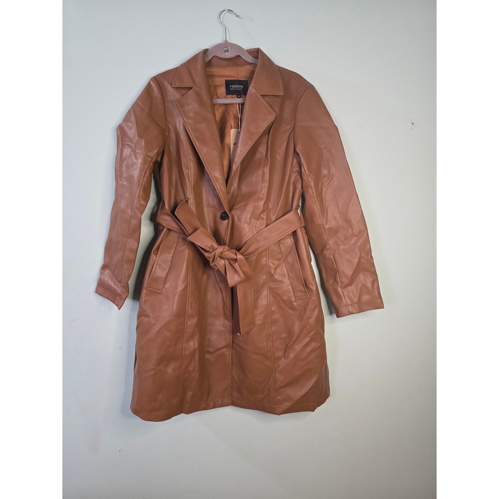 Utcoco Faux Leather Trench Coat Brown Belted Jacket Size M NEW - Picture 2 of 16